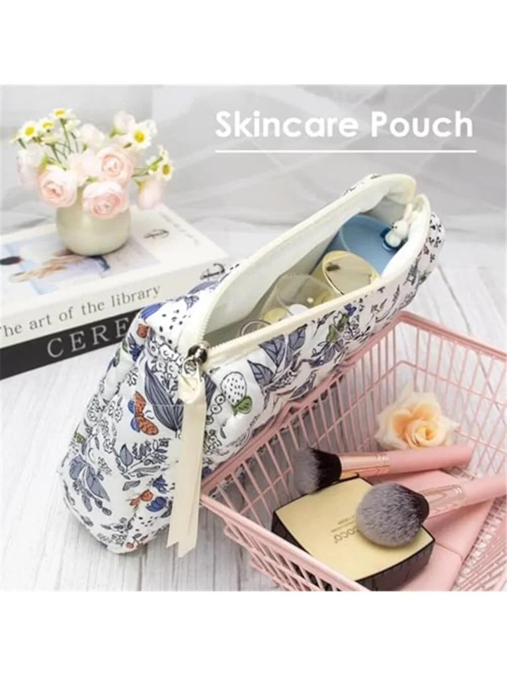 3 Piece Quilted Makeup Bag Set for Women,Cosmetic&Toiletry Bag,Leaf White